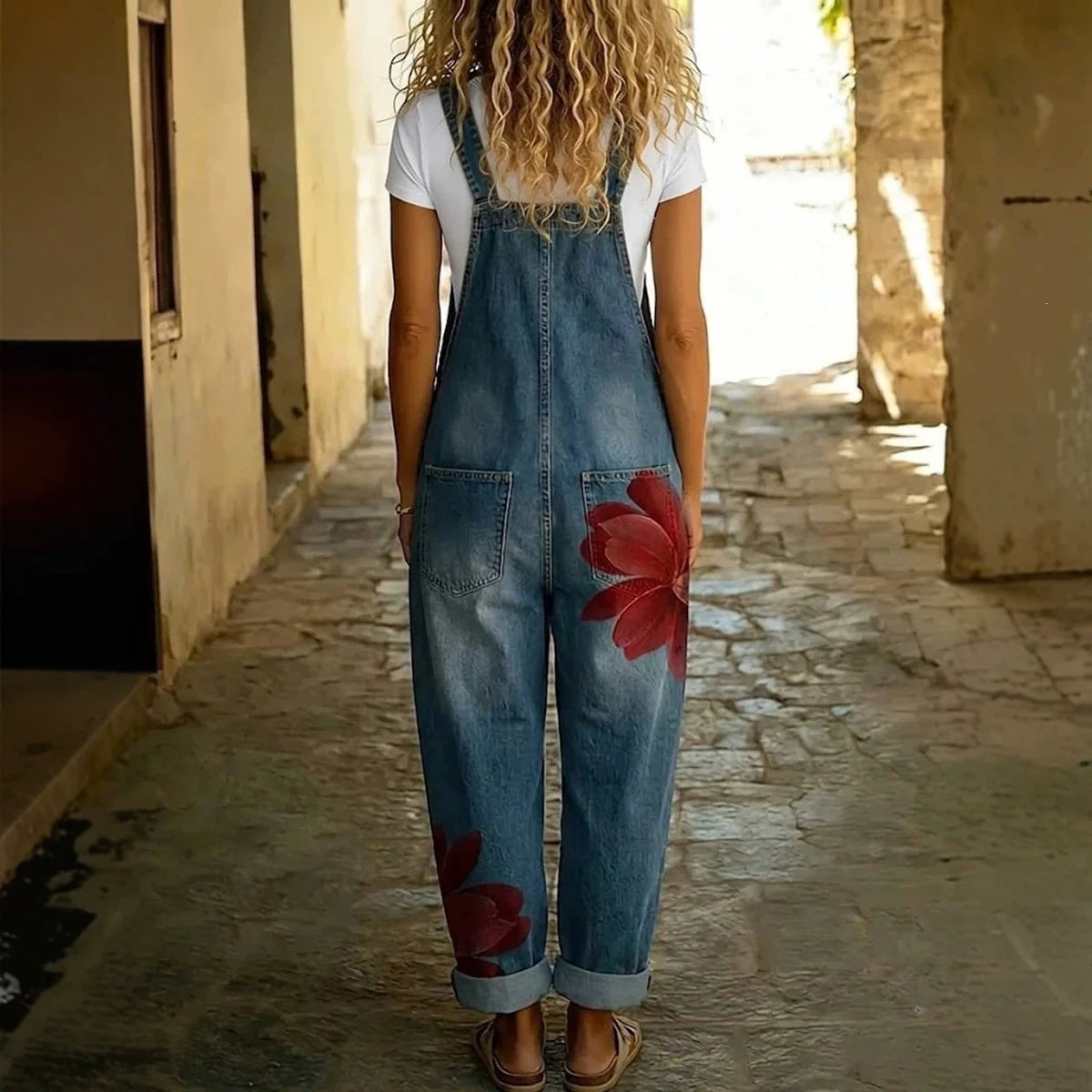 Salopette en jean sans effort à motif floral bohème pour femme