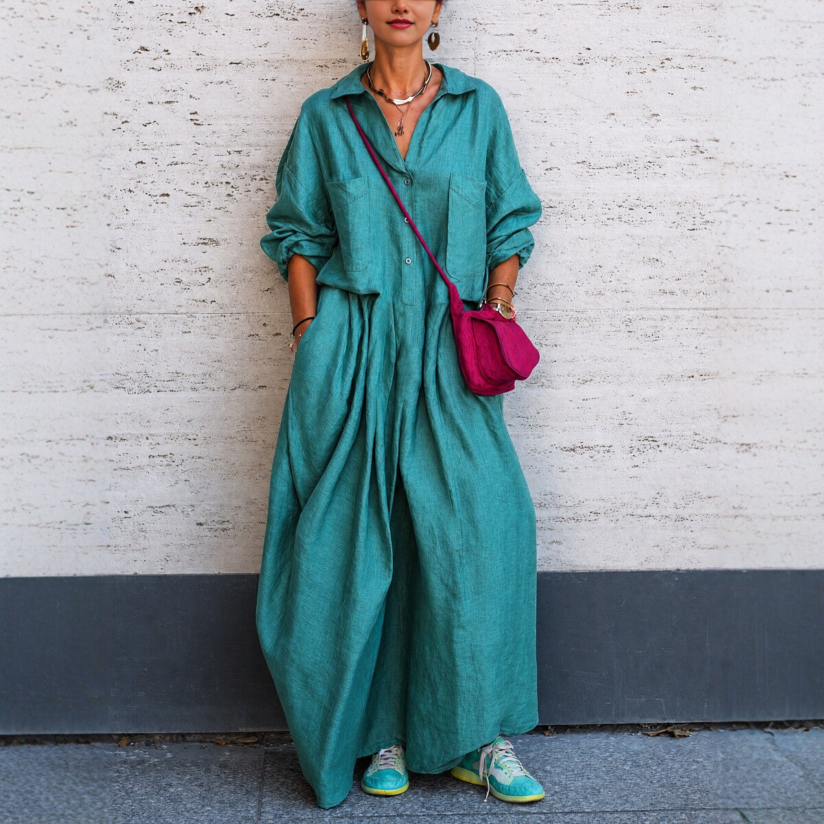 Oversized linen wide-leg jumpsuit