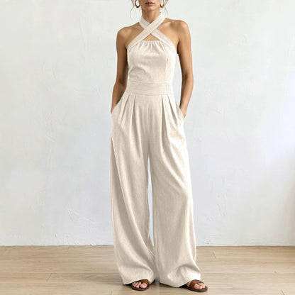 Combinaison pantalon dos nu entrecroisé à découpe et taille haute avec poches