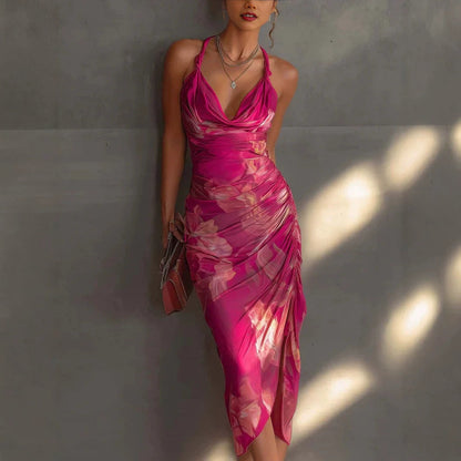 Robe midi licol froncée rose vif à fleurs