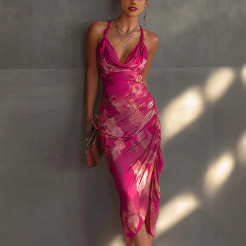 Robe midi licol froncée rose vif à fleurs