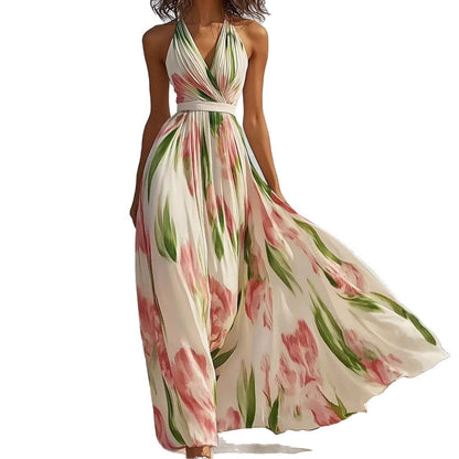 Robe longue plissée à fleurs avec encolure en V et ceinture à la taille