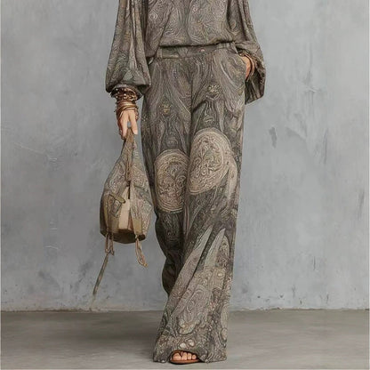 Ensemble deux pièces bohème chemisier imprimé cachemire vintage à manches longues et pantalon large taille haute