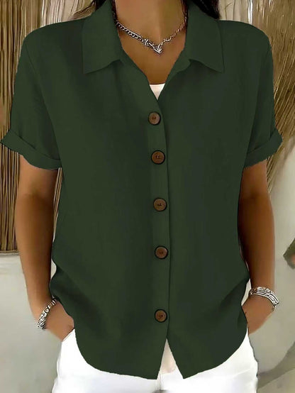 Women's short-sleeved linen shirt, with turn-down collar