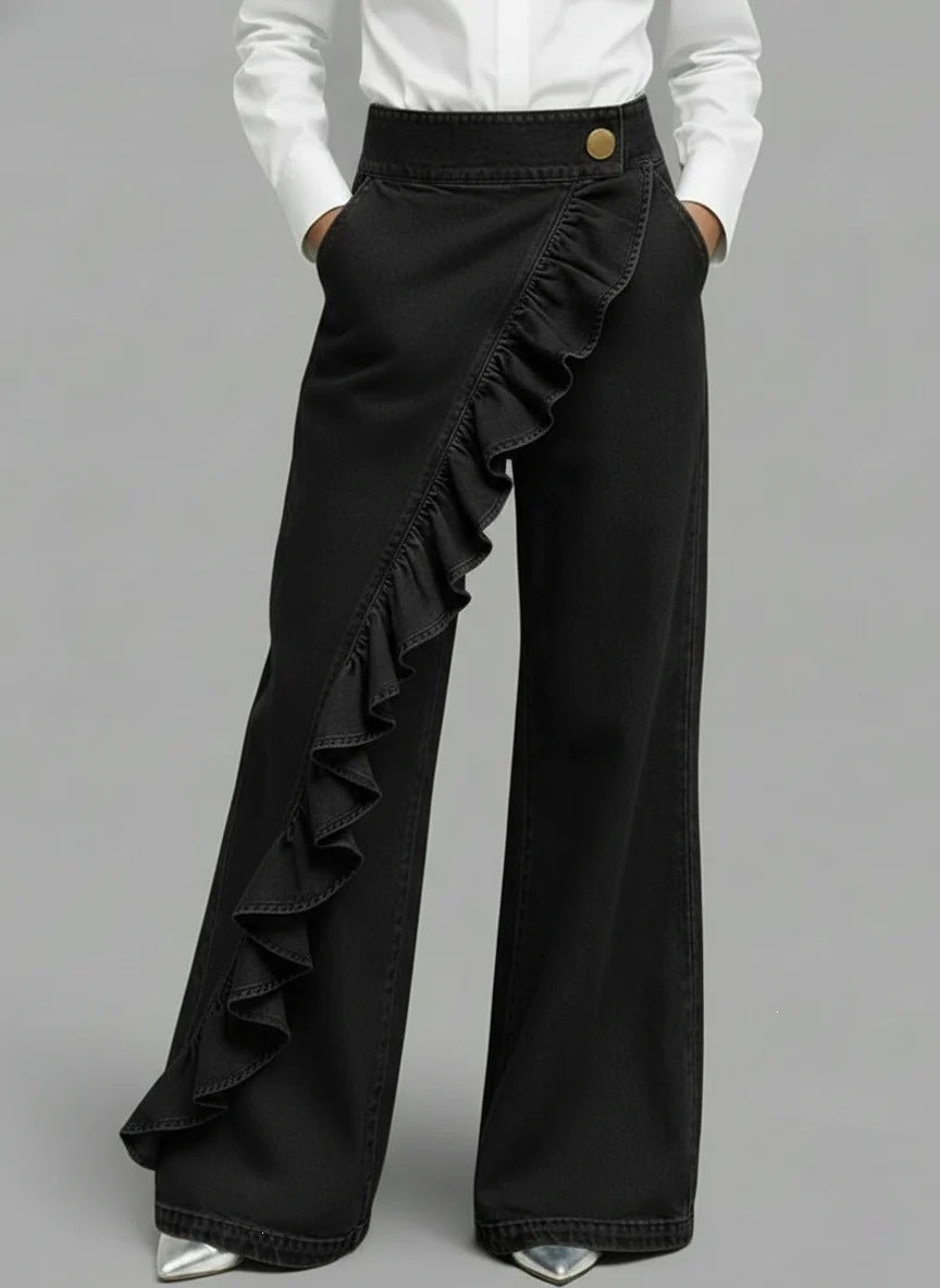 Jean ample taille haute avec volant