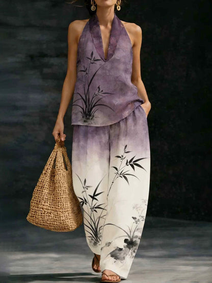 Geometric Print Halter V-Neck Sleeveless Top & Wide Leg Pants Two Piece Set