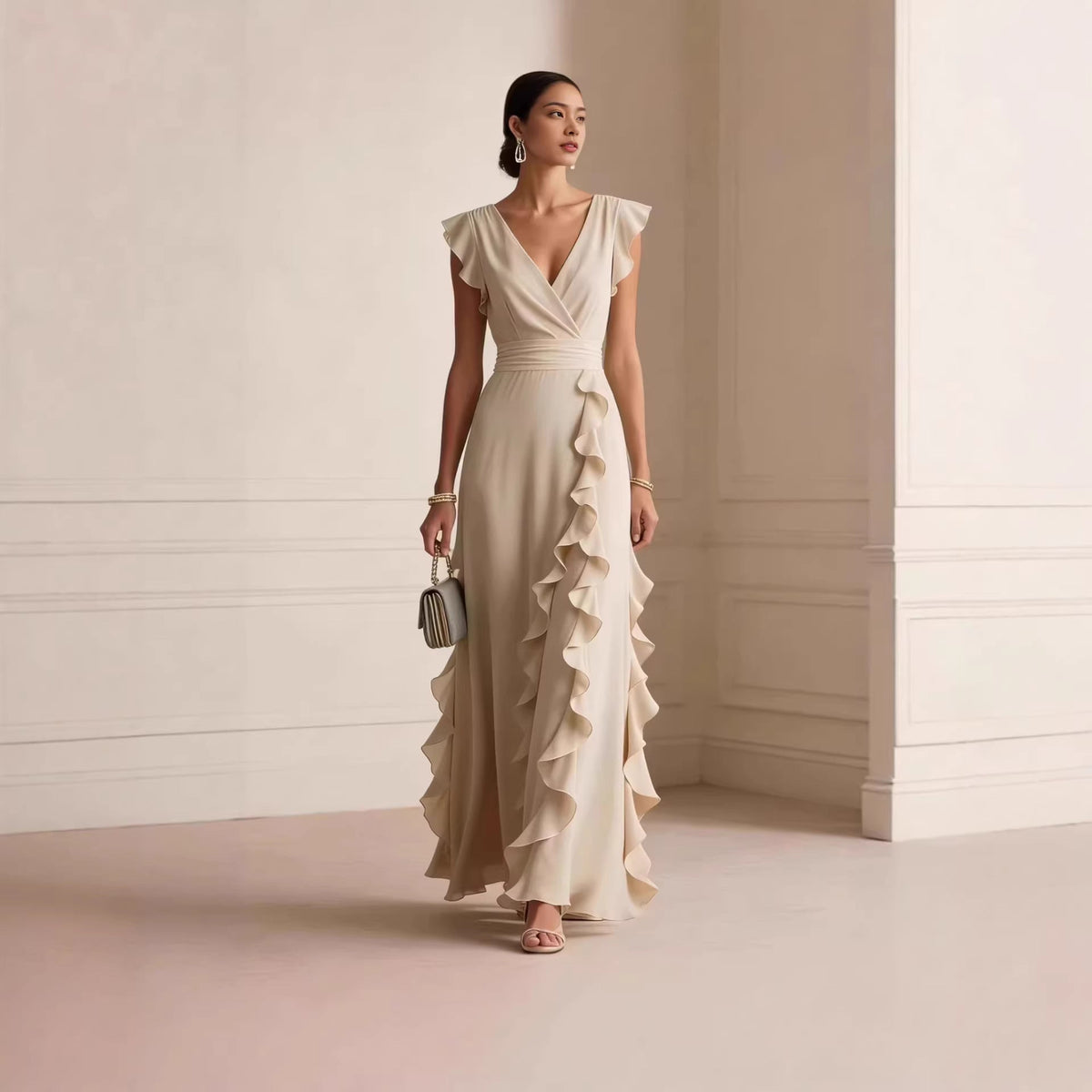 Robe longue à volants et manches papillon