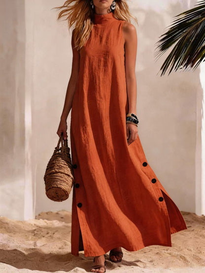 Robe longue décontractée sans manches en coton et lin de couleur unie avec fente latérale