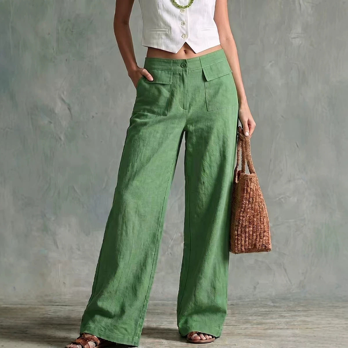 Pantalon large taille haute en lin sauge à poches plaquées