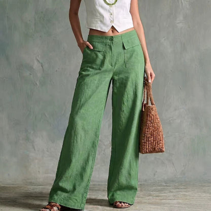 Pantalon large taille haute en lin sauge à poches plaquées