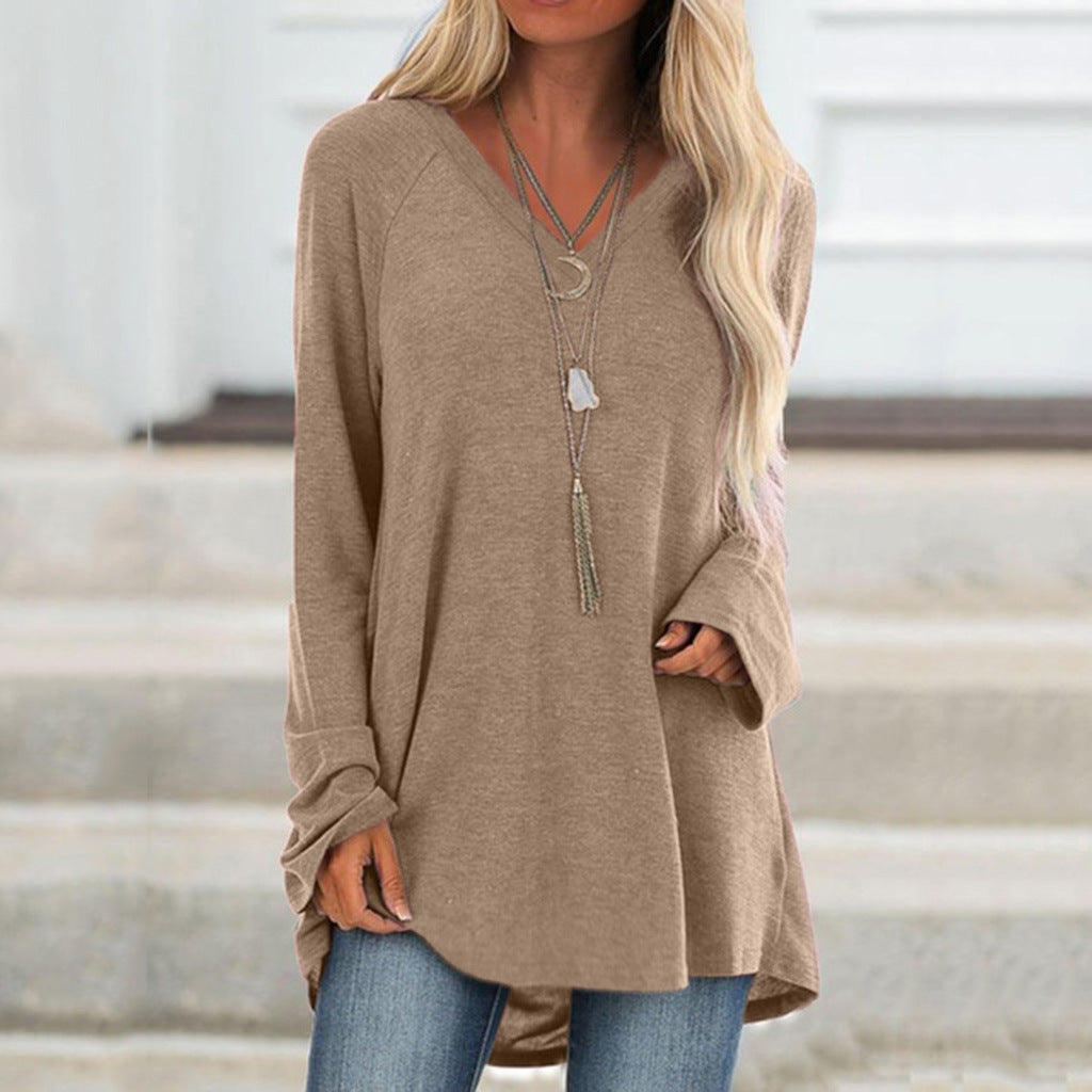 Tunique ample en tricot à manches longues, col en V et manches raglan