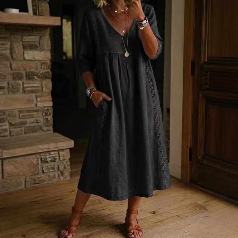Elegant V-Neck Linen Blend Midi Dress with Lace Inserts and Pockets | Women's Casual Summer Dress