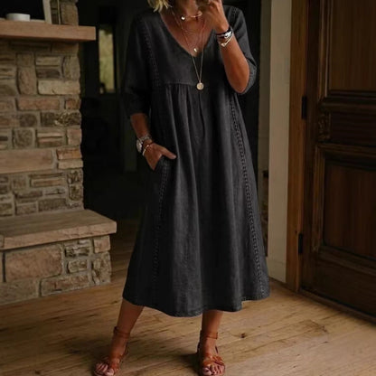 Elegant V-Neck Linen Blend Midi Dress with Lace Inserts and Pockets | Women's Casual Summer Dress