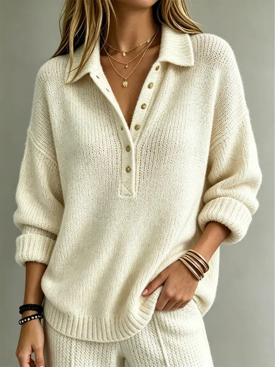 Pull Henley en maille à col lâche pour femme, manches longues, couleur unie, décontracté