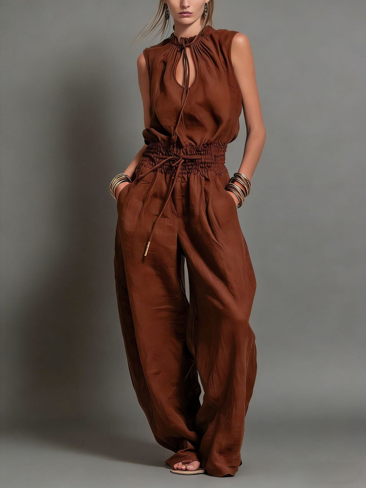 Combinaison en lin mélangé beige, taille smockée