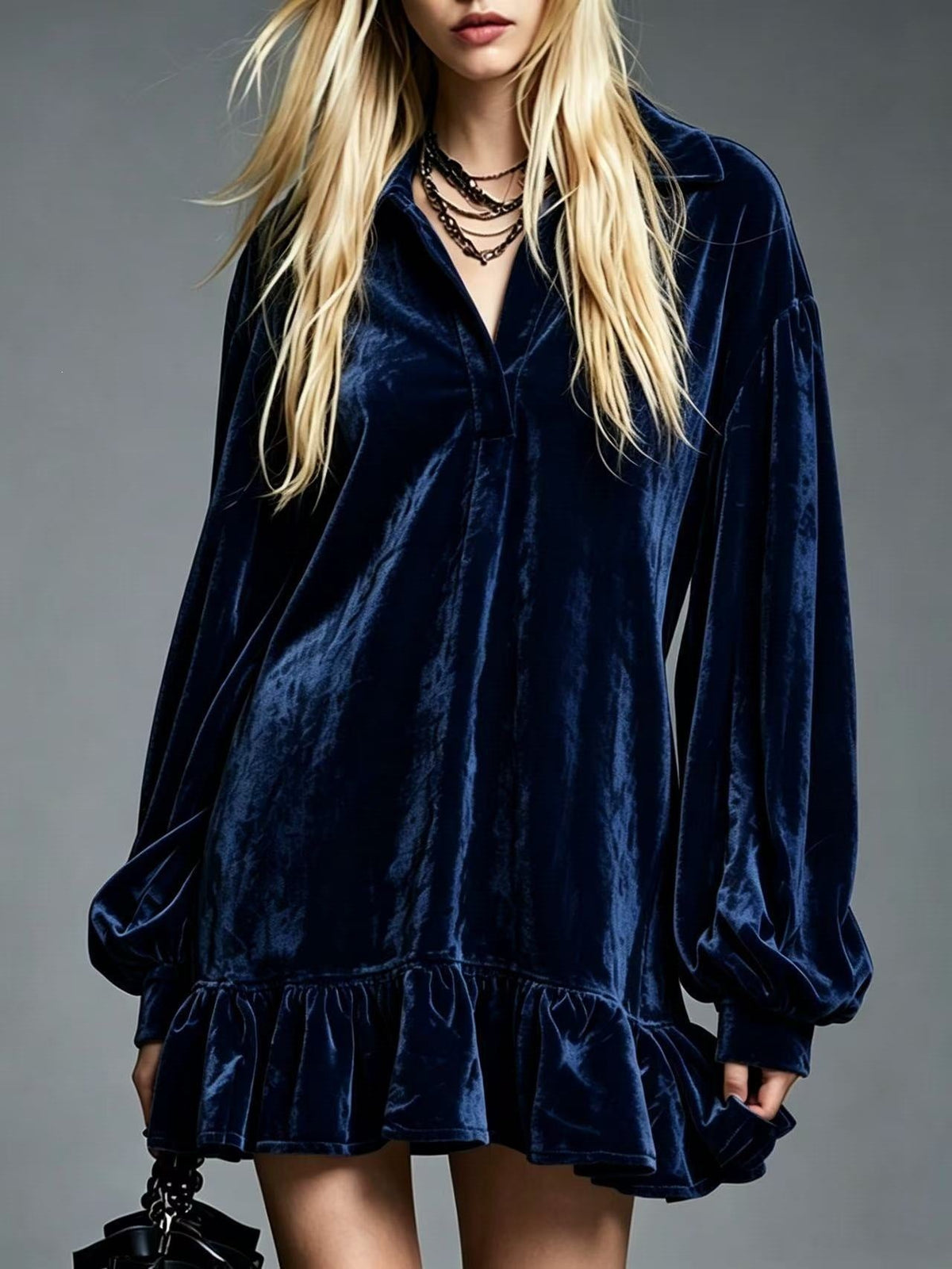 Mini-robe en velours à volants pour femme, tunique décontractée ample à revers et manches longues