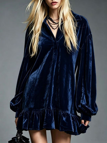 Mini-robe en velours à volants pour femme, tunique décontractée ample à revers et manches longues