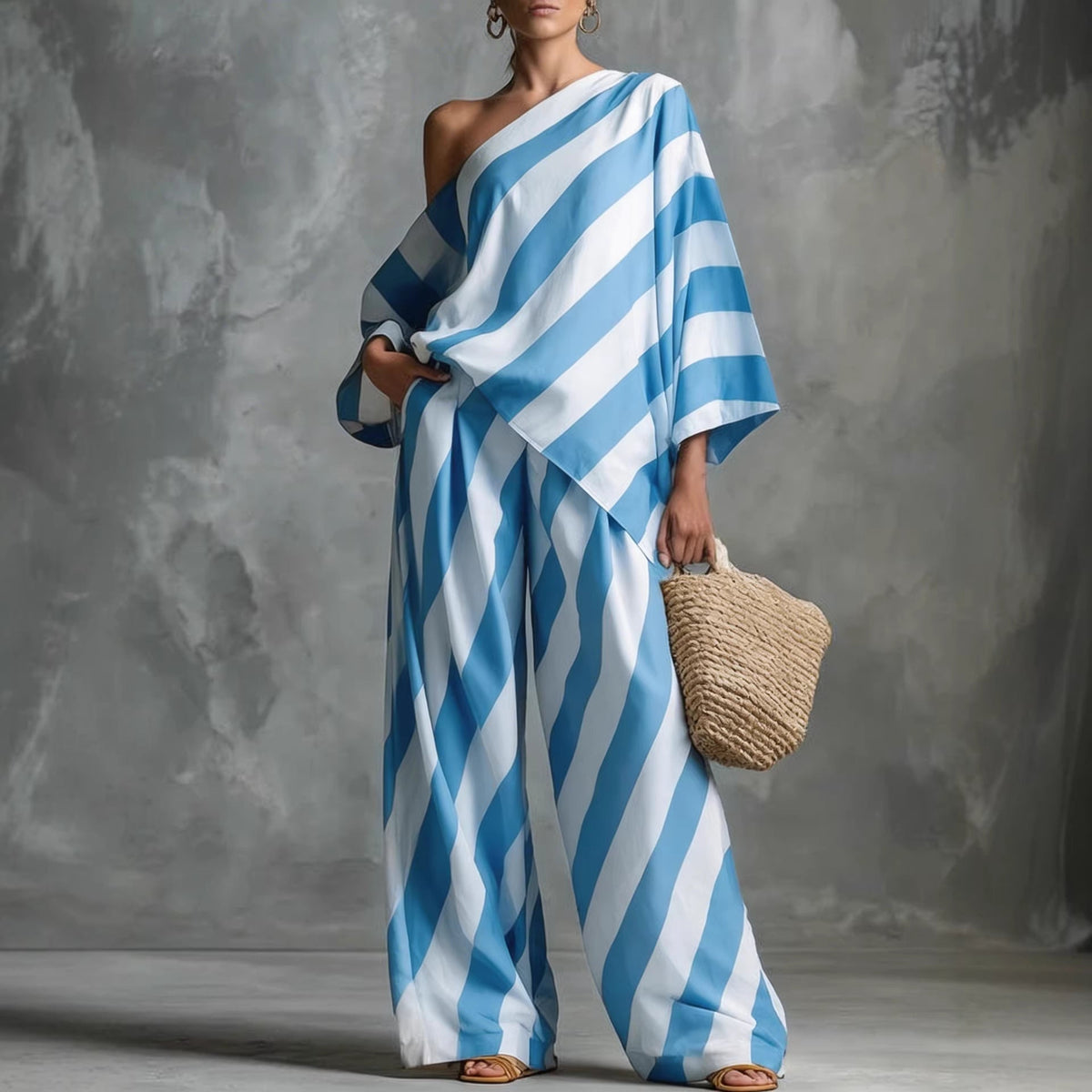 Ensemble haut asymétrique rayé et pantalon large