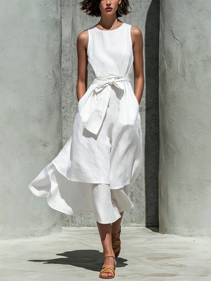 Robe midi en lin superposée sans manches avec lien à la taille