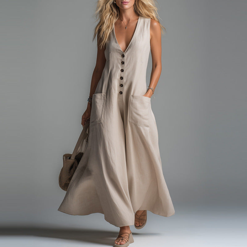 Robe décontractée unie à décolleté plongeant avec poches