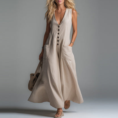 Robe décontractée unie à décolleté plongeant avec poches
