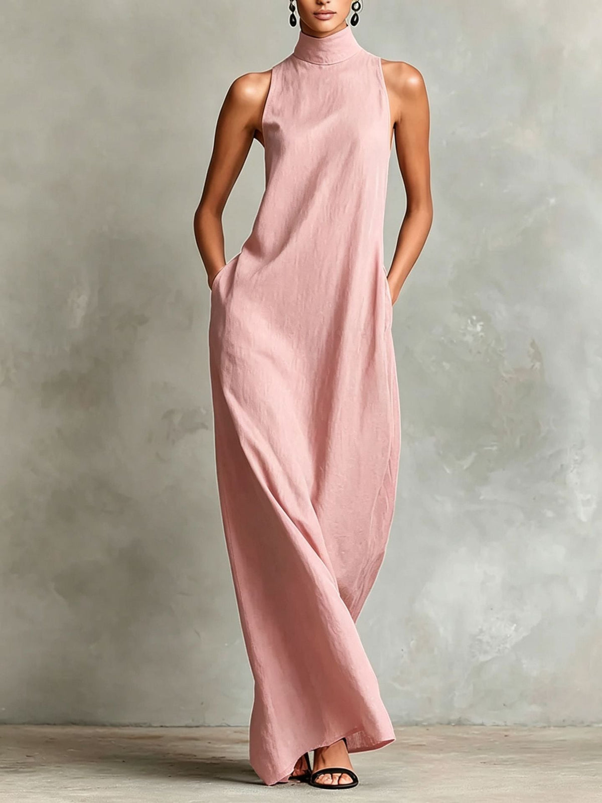 Robe longue sans manches en lin à col montant