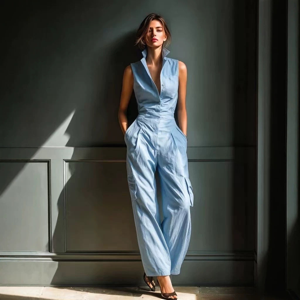 Combinaison sans manches à col chemise et jambes larges cargo