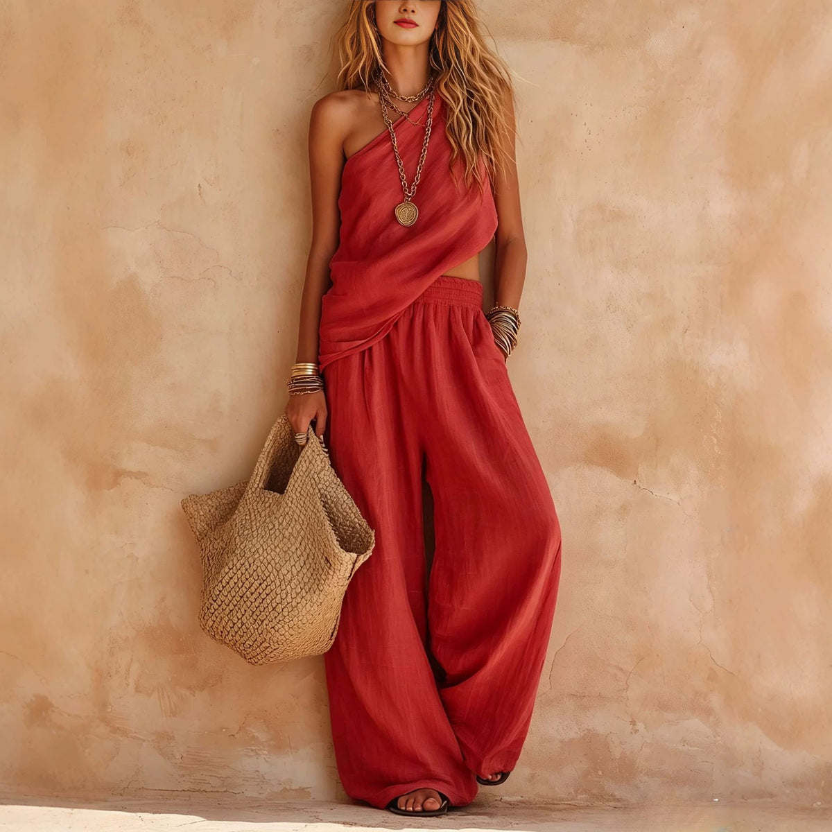 Ensemble deux pièces pantalon en lin asymétrique rose poudré à une épaule