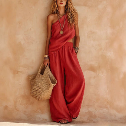 Ensemble deux pièces pantalon en lin asymétrique rose poudré à une épaule