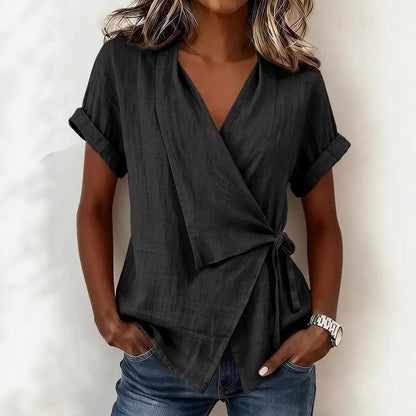 Blouse à manches courtes et col en V en lin mélangé avec ceinture à nouer à la taille