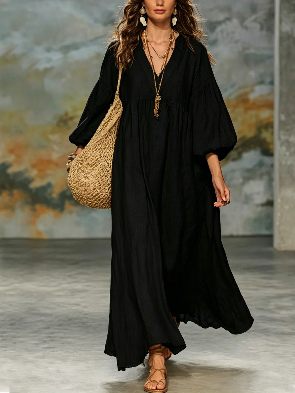 Robe longue Bohème col en V manches ballon en lin mélangé