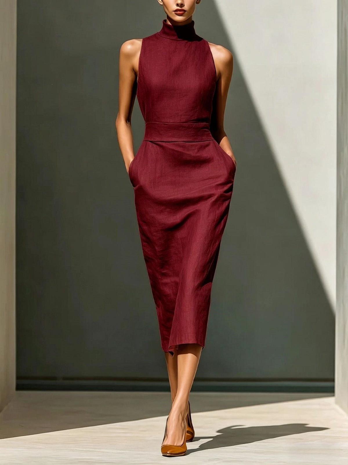 Robe mi-longue élégante sans manches moulante couvrant les hanches pour femme