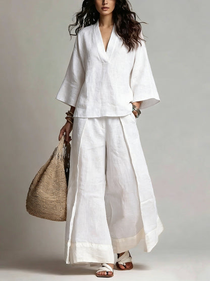 Ensemble chemise col V manches trois-quarts et pantalon large contrastant pour femme