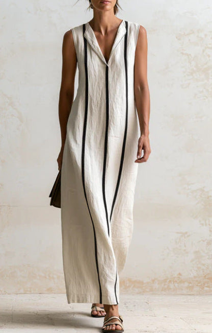 Off‑White Vertical Contrast Piping Linen Maxi Dress