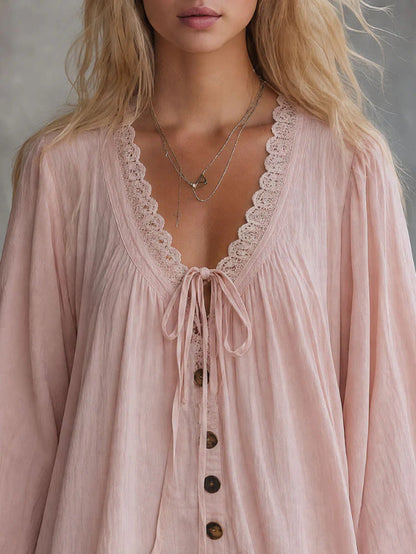 V‑Neck Lace Trim Boho Mini Dress Bell Long Sleeve Tie Front Loose Ruffle Hem Tunic Dress