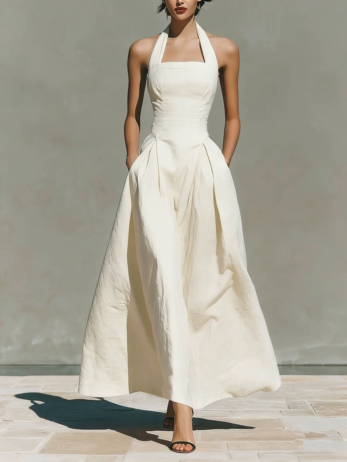 Robe midi plissée trapèze à col montant et encolure carrée