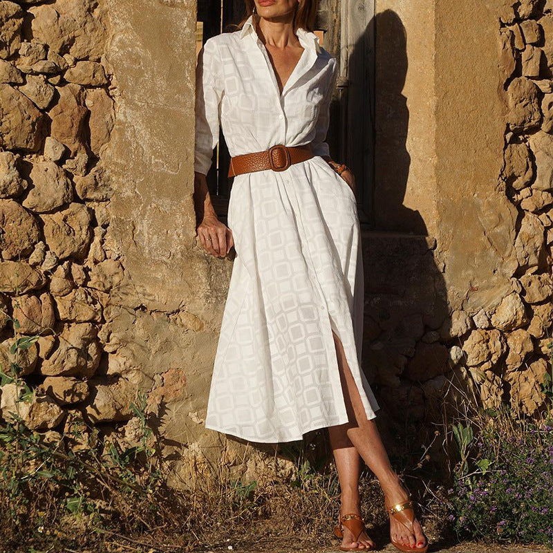 Nouvelle robe chemise femme d’automne, boutonnée, à manches longues, avec ceinture