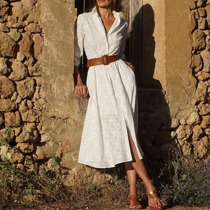 Nouvelle robe chemise femme d’automne, boutonnée, à manches longues, avec ceinture