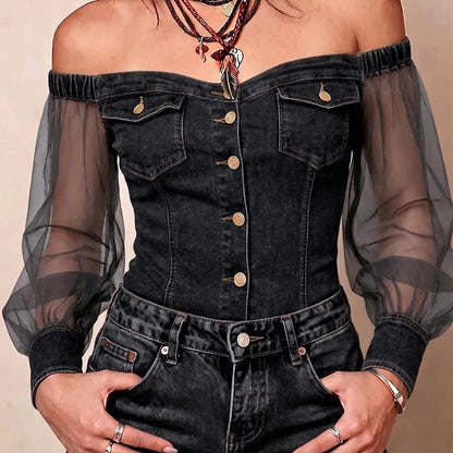 Top en jean à manches en maille et épaules dénudées