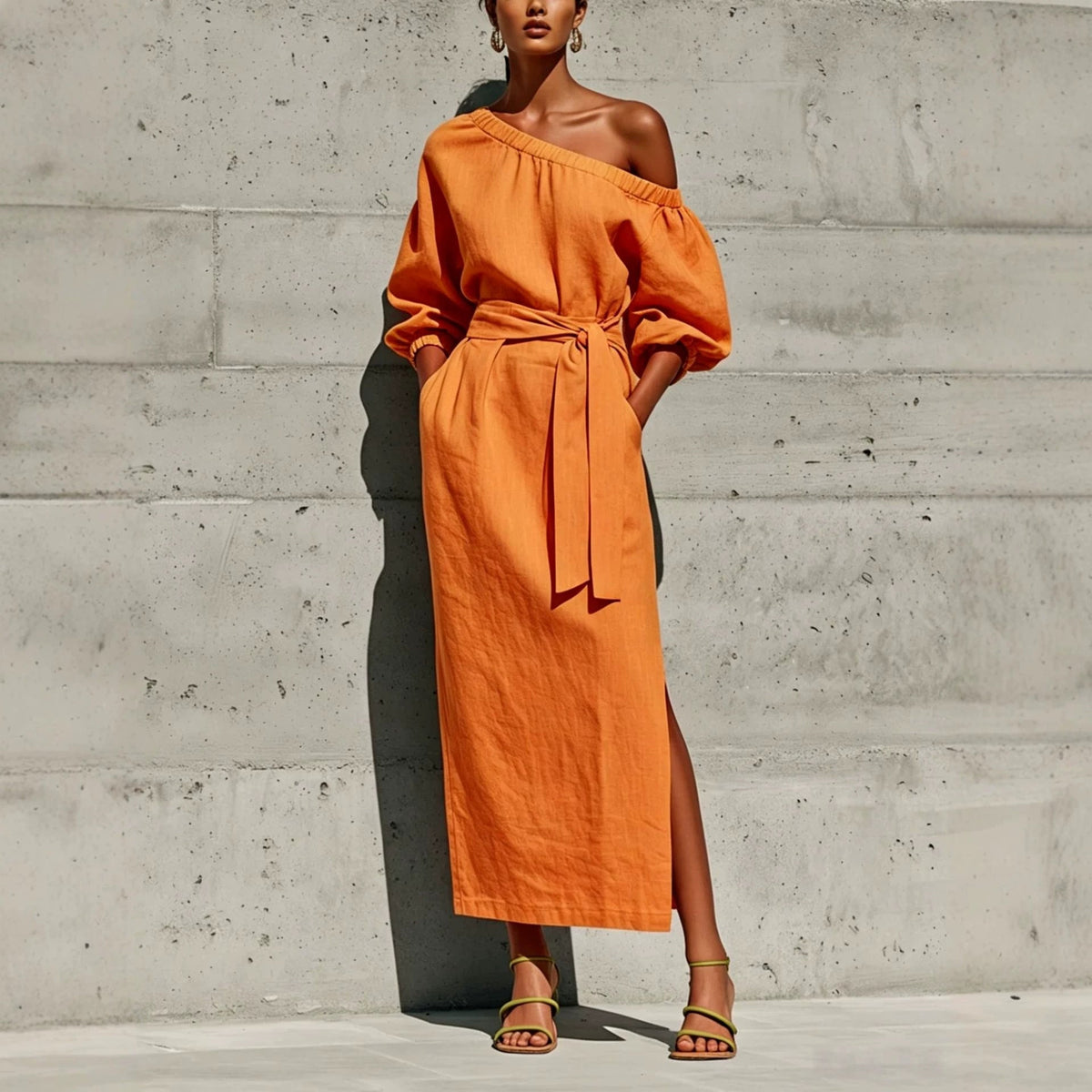 Robe Midi en Lin à Une Épaule Manches Bouffantes Taille Nouée et Fente Latérale