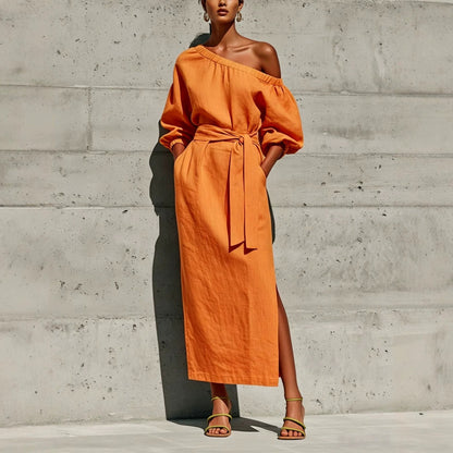 Robe Midi en Lin à Une Épaule Manches Bouffantes Taille Nouée et Fente Latérale