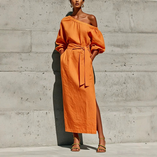 Robe Midi en Lin à Une Épaule Manches Bouffantes Taille Nouée et Fente Latérale