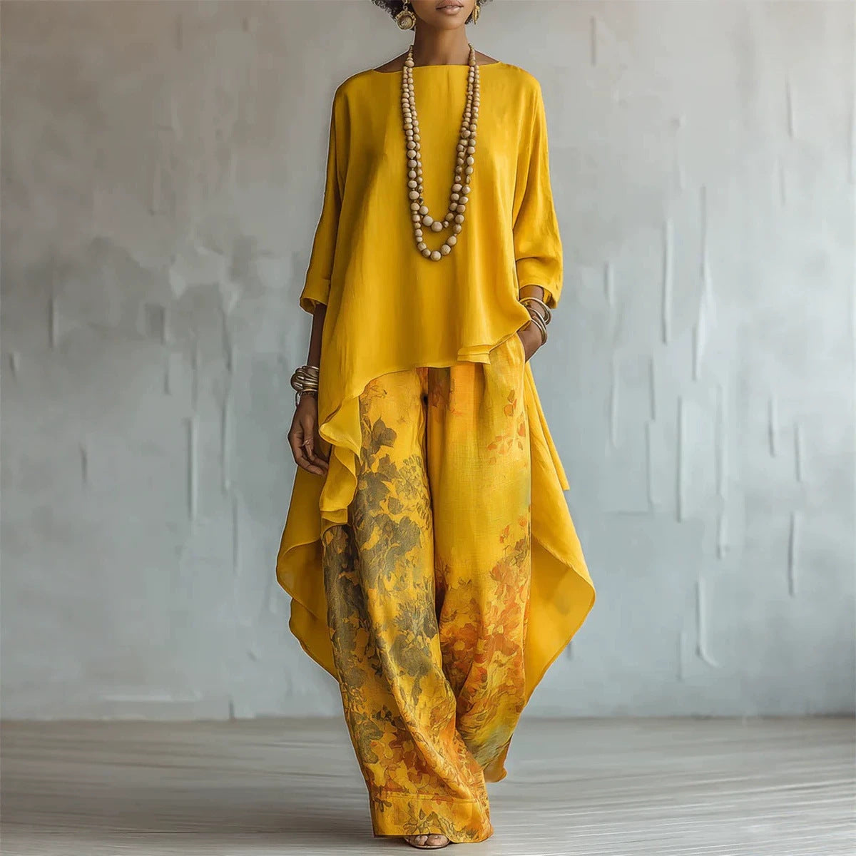 Ensemble deux pièces asymétrique en mélange de lin et pantalon large à imprimé floral pour femme