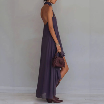 Robe longue bohème brodée, à col licou et ourlet asymétrique