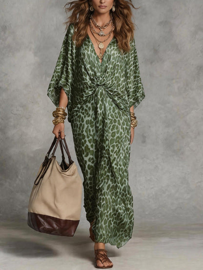 Robe Kaftan Longue Femme Léopard à Nœud sur le Devant - Cache-Maillot Fluide en Mousseline à Col V