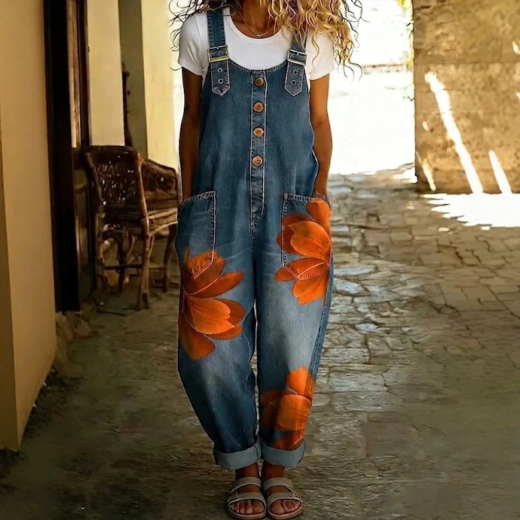 Salopette en jean sans effort à motif floral bohème pour femme