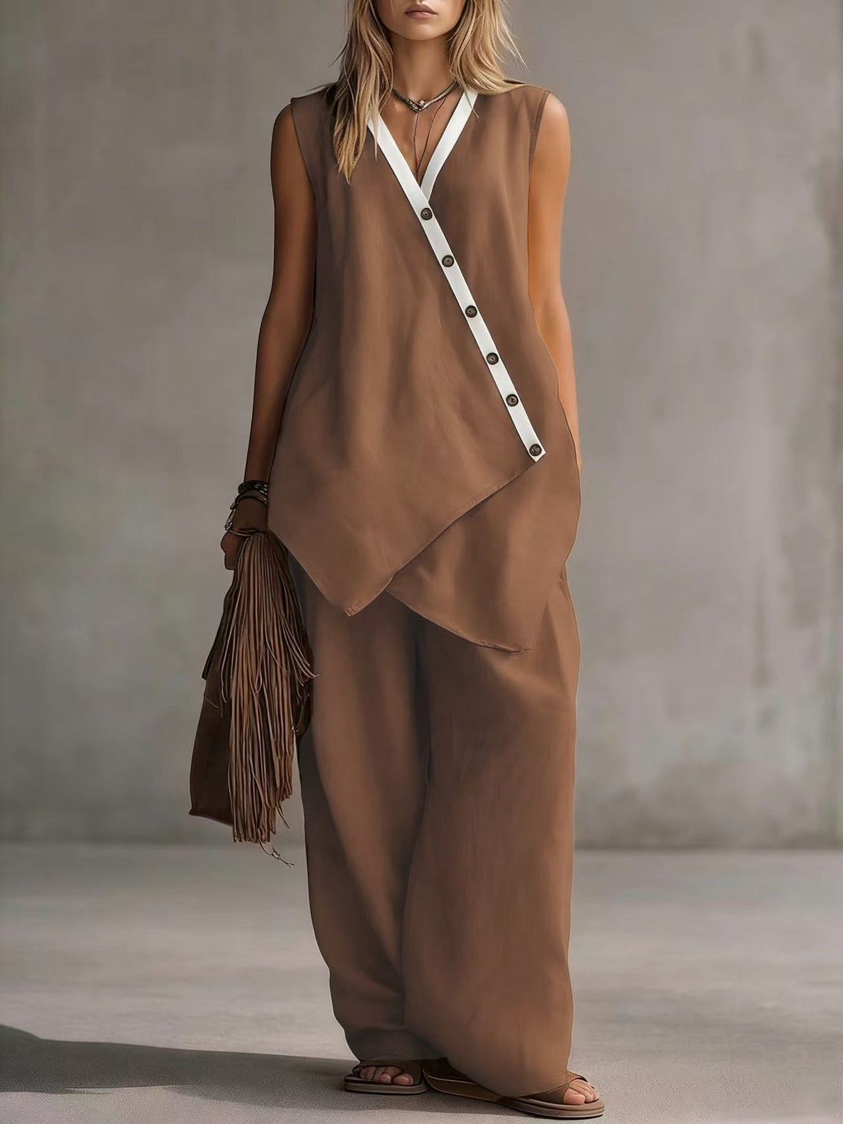 Ensemble décontracté gilet boutonné irrégulier col en V et pantalon large de style bohème