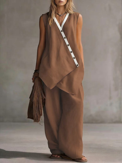 Ensemble décontracté gilet boutonné irrégulier col en V et pantalon large de style bohème