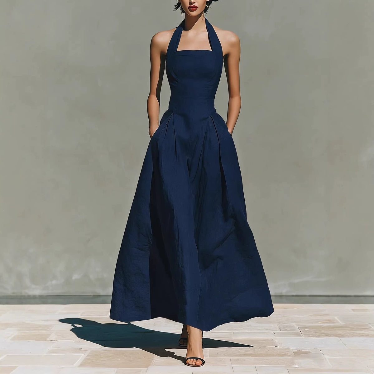 Robe midi plissée trapèze à col montant et encolure carrée