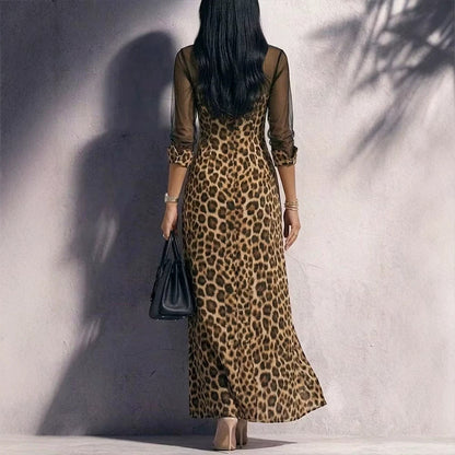 Robe longue chemise en maille imprimé léopard à manches